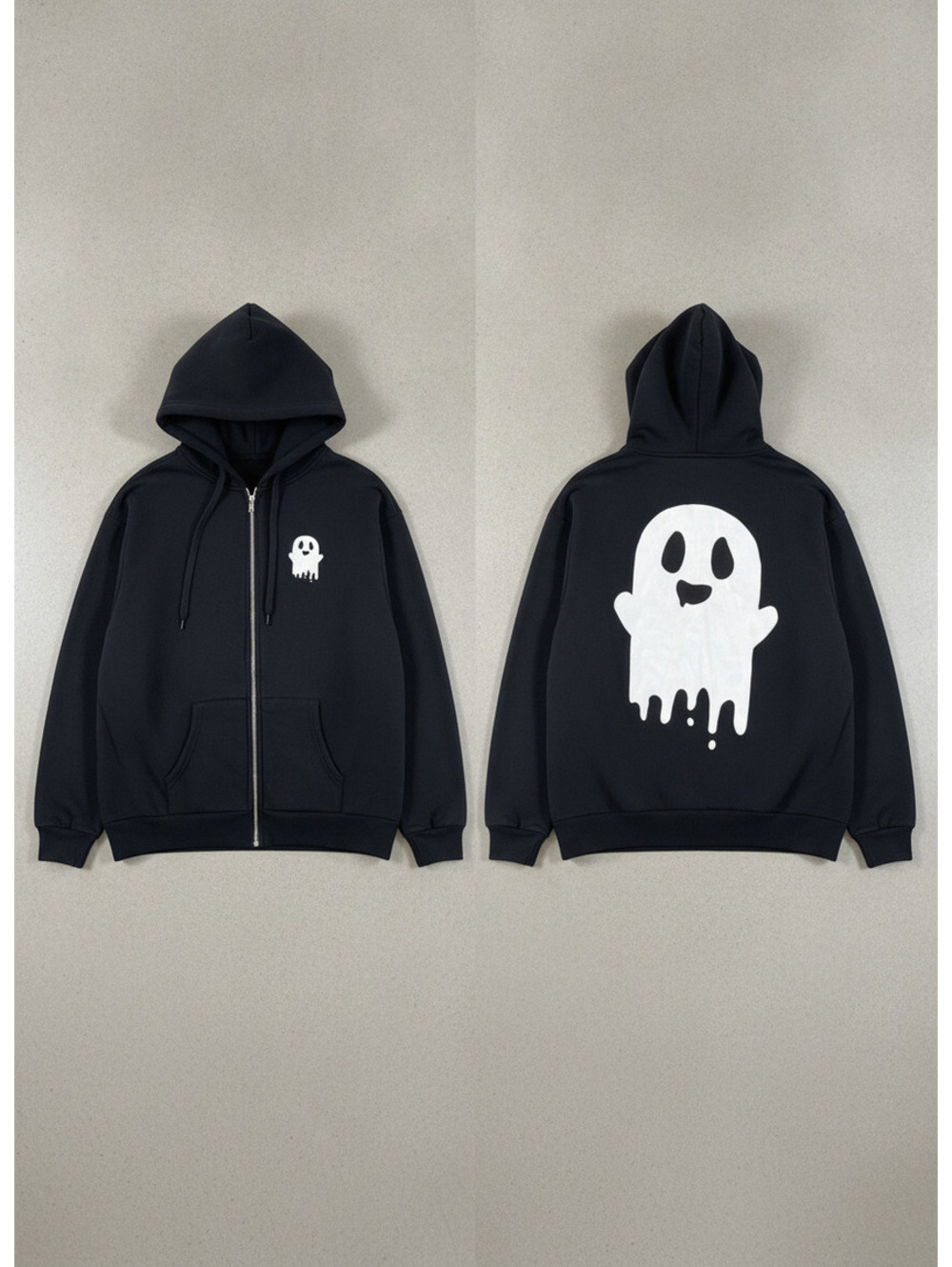 Black Zip-Up Hoodie with White Dripping Ghost Print